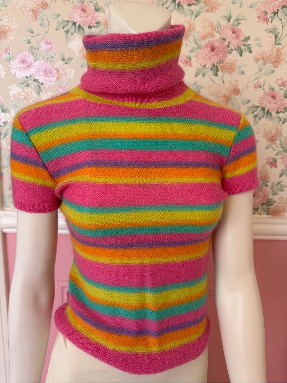 Wool Pink Multi-Stripe Turtleneck Short-Sleeve Sweater